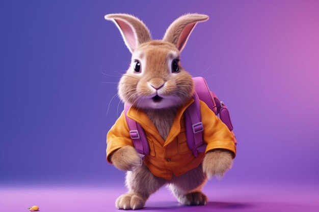 Photo un lapin avec un sac à dos sur un fond violet