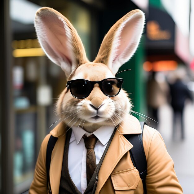 Un lapin avec un sac de lunettes de soleil