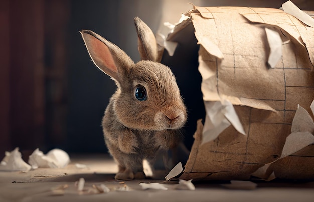 Un lapin avec un sac de papier dedans