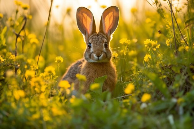 Un lapin sauvage dans un champ de pissenlits