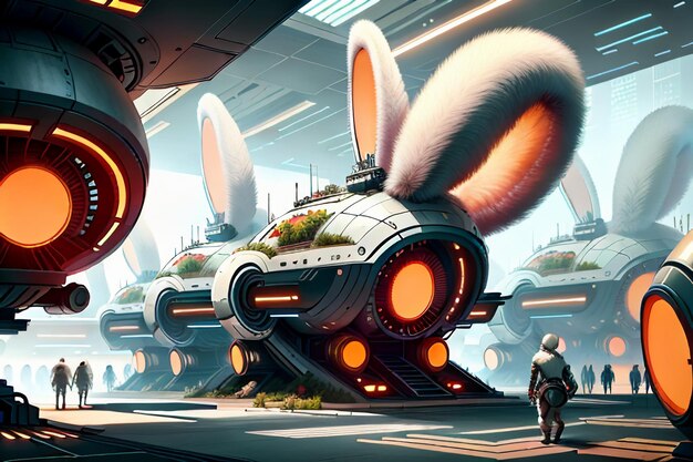 Photo lapin science fiction ville base future technologie développement concept style papier peint fond