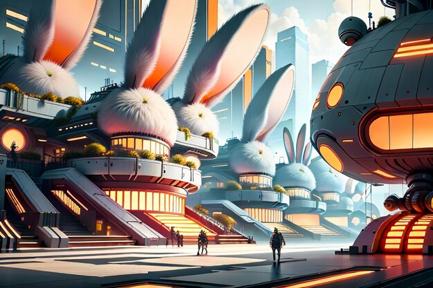 Lapin science fiction ville base future technologie développement concept style papier peint fond