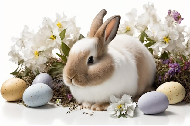 Un lapin se repose parmi des fleurs et un groupe d'oeufs de pâques