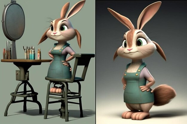 Un lapin se tient devant un bar avec une femme portant un tablier.