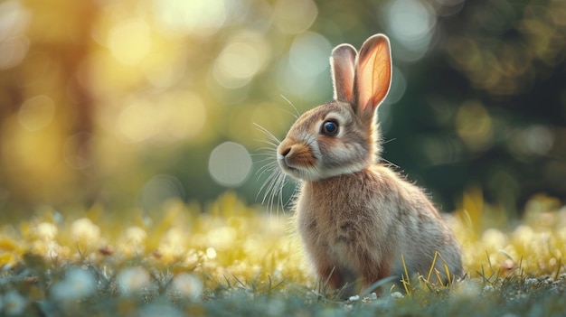 Un lapin serein dans une prairie luxuriante à l'aube