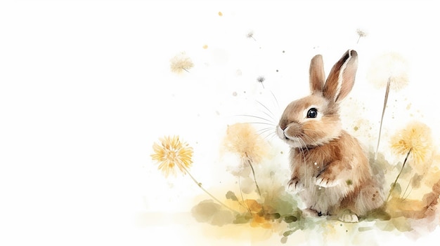 Lapin soufflant pissenlit illustration aquarelle AI générative IA générative