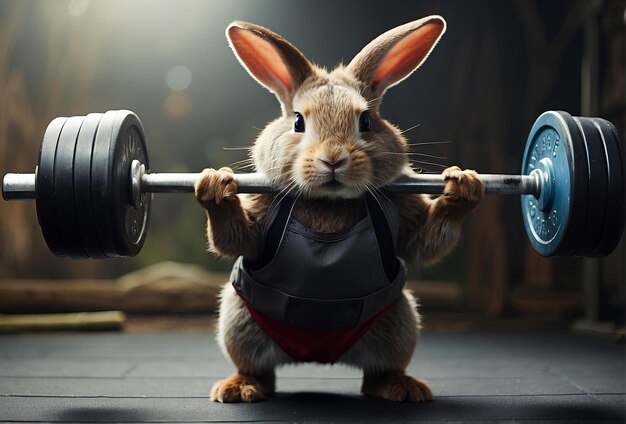 Photo le lapin soulève des haltères dans la salle de sport.