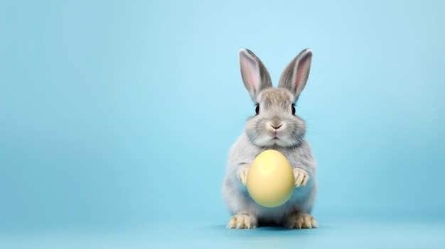 Un lapin tenant un œuf de Pâques sur un fond bleu pastel