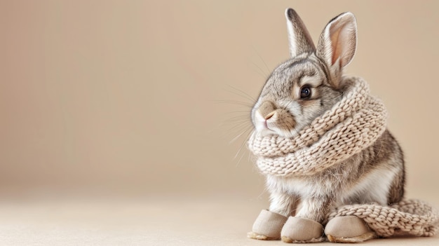 Un lapin en tenue d'automne confortable avec des bottes sur un fond beige isolé