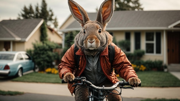 Un lapin à vélo dans un quartier de banlieue