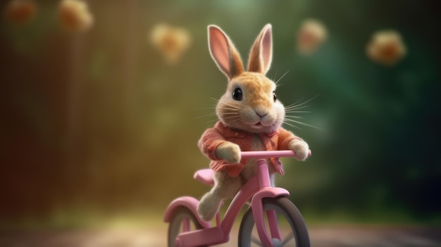 Un lapin à vélo avec un vélo rose