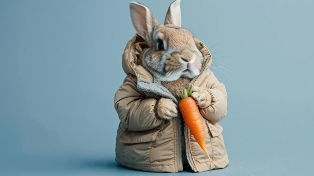 Lapin en veste d'automne avec une carotte sur un fond bleu isolé