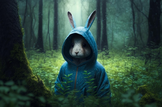 Lapin en veste bleue dans la forêt avec une lumière qui brille à travers les arbres Generative AI