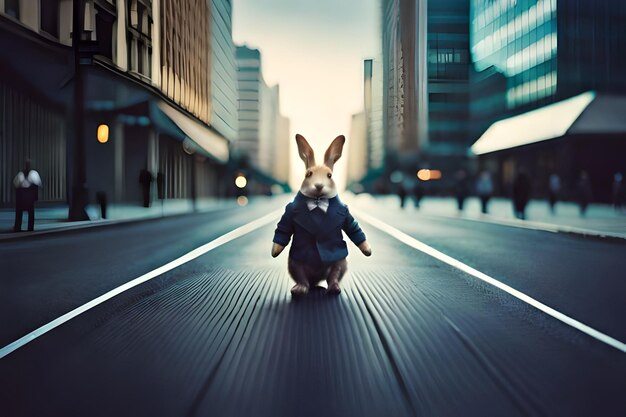 Photo un lapin avec une veste sur le dos est sur un trottoir.