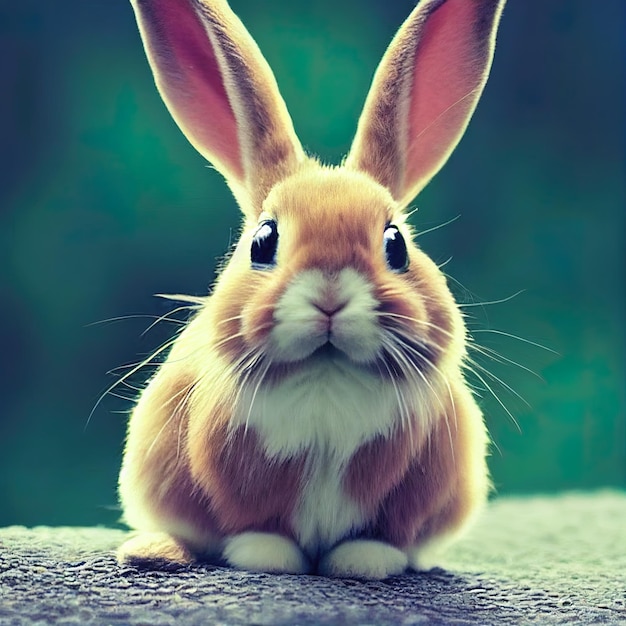 un lapin avec un visage blanc et des oreilles brunes est assis sur un tapis