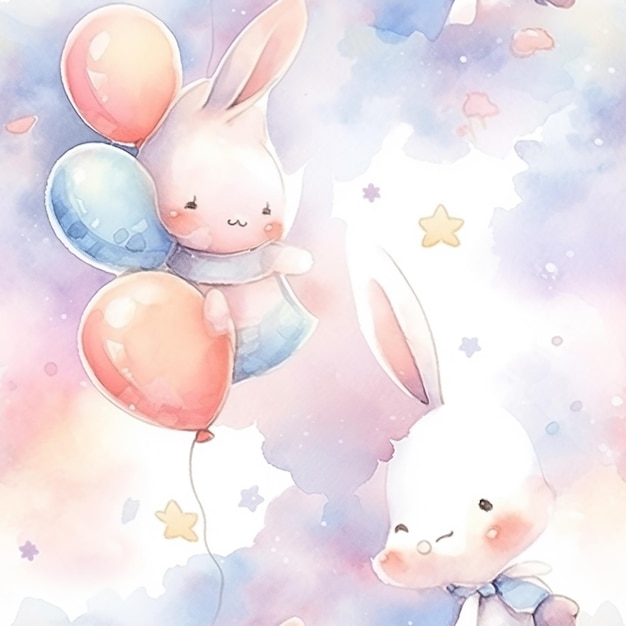 Le lapin volant avec un ballon dans le ciel Illustration à l'aquarelle