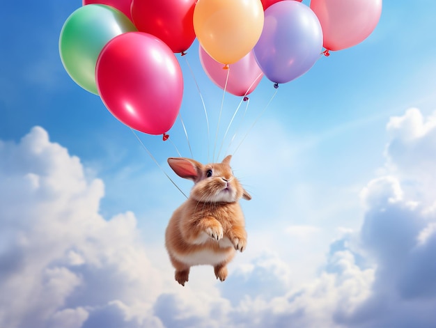 Un lapin volant dans le ciel avec des ballons