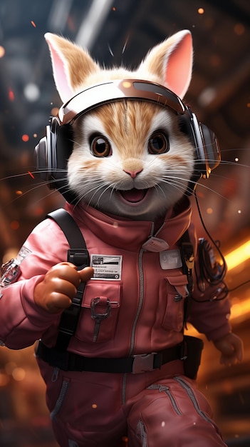 La lapine en combinaison spatiale avec des écouteurs sur l'astronaute Kitty écoutant de la musique et exécutant une IA générative