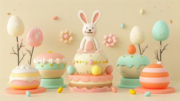 Des lapins blancs et des gâteaux de Pâques en 3D sur un fond beige