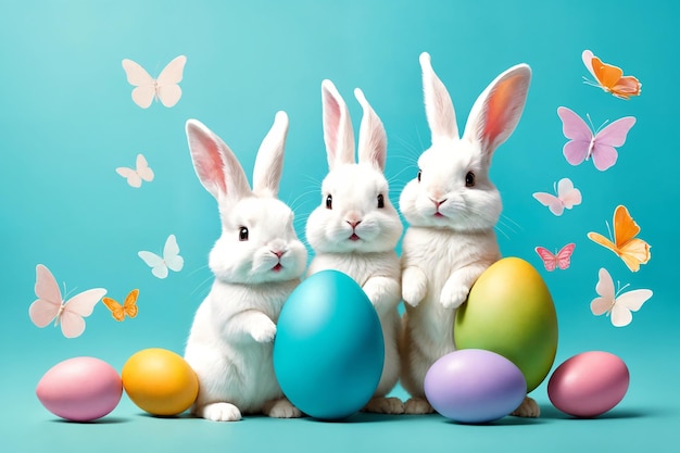 Des lapins blancs et moelleux sont assis sur un fond de couleur à côté des œufs des lapins de Pâques sur un fond coloré