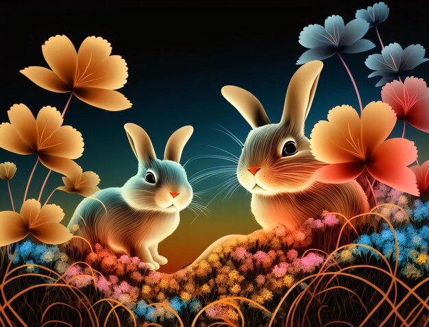 Des lapins dans la prairie avec des fleurs Illustration vectorielle