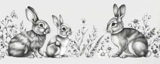 Des lapins dessinés en monochrome avec des fleurs en fleurs