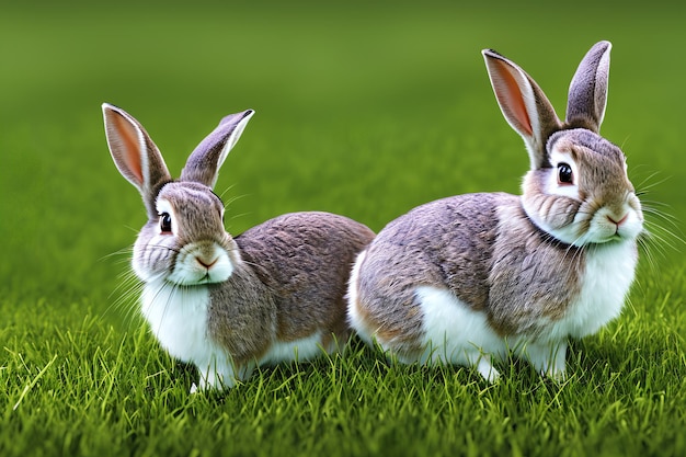 Lapins gris sur l'herbe