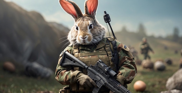 des lapins habillés en soldats des œufs de Pâques sur le fond du champ de bataille