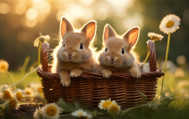 Lapins sur l'herbe verte IA générative