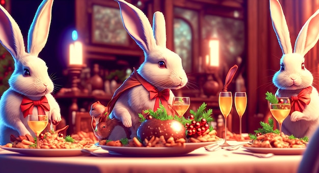 Les lapins mangent à la table de Noël