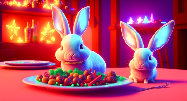 Les lapins mangent à la table de Noël