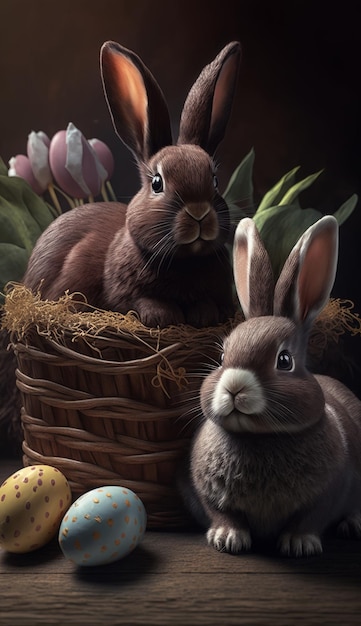 Lapins mignons se rassemblant autour d'un panier de Pâques rempli d'œufs en chocolat AI generative