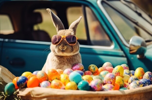 Lapins et œufs colorés avec voiture vitage pour le festival de Pâques ai génératif
