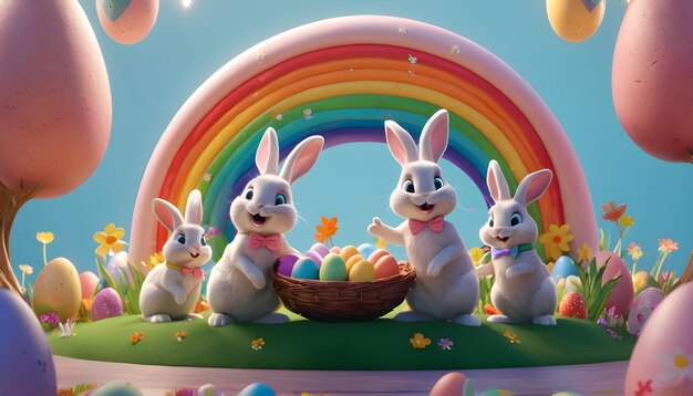 Les lapins organisent une fête joyeuse des œufs des fleurs et des arcs-en-ciel ornant ce pays des merveilles de Pâques en 3D