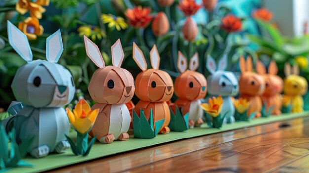 Des lapins origami joyeux se préparent à la joyeuse parade de Pâques