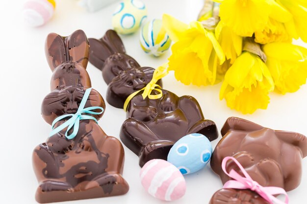 Photo lapins de pâques en chocolat à base de lait solide et de chocolat noir.