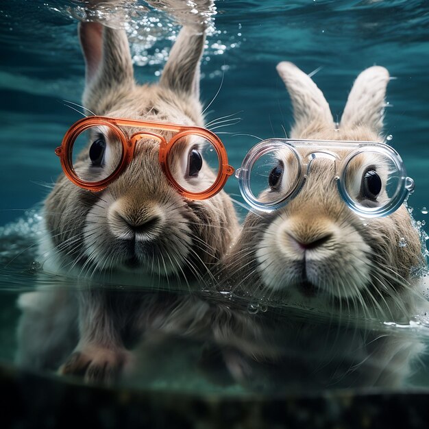 Des lapins qui regardent l'eau avec des lunettes.