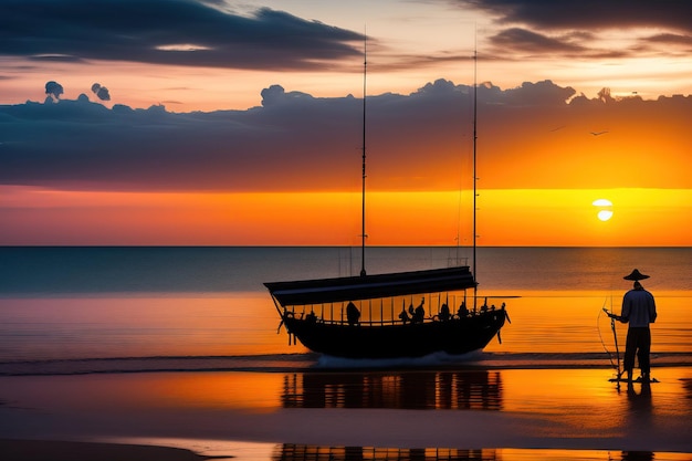 Laps de temps d'un bateau de pêche silhouette et de personnes non identifiées contre le ciel coucher de soleil à la plage de Chao Lao