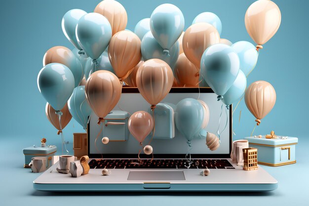 Photo laptop avec des ballons et des cadeaux sur fond bleu illustration 3d ia générative