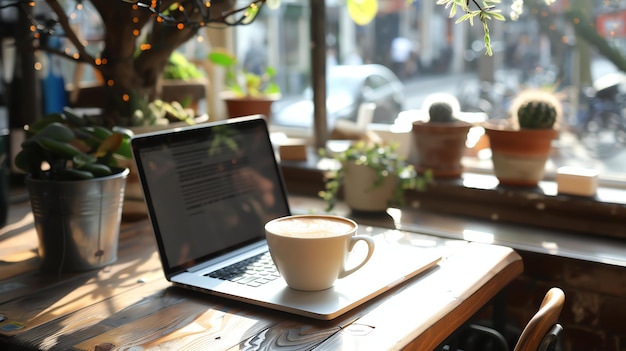 Photo laptop et café sur une table en bois dans un café le soleil brille à travers la fenêtre