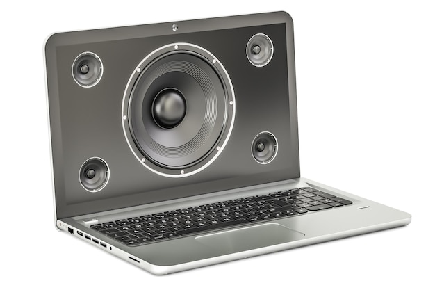 Photo laptop conceptuel de musique avec haut-parleur de rendu 3d