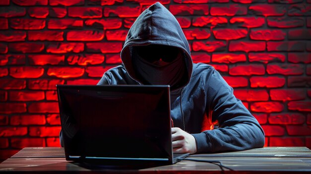 Laptop de cybercriminel à capuche, pièce sombre, mur de brique rouge, cybersécurité numérique