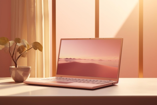 Laptop doré moderne sur la table avec une plante d'intérieur près d'une fenêtre avec la lumière du soleil couleurs pastel