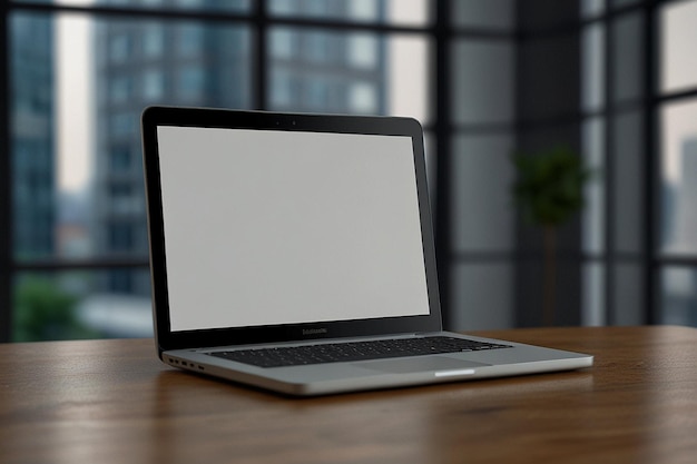 Laptop avec écran vide sur la table dans le rendu 3D du bureau