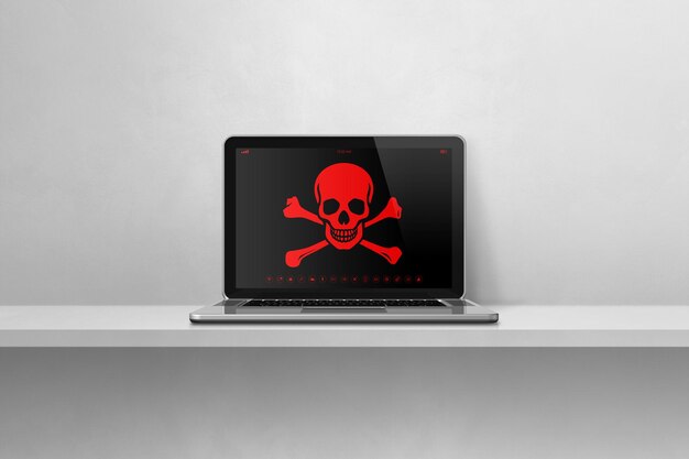 Laptop sur une étagère avec un symbole de pirate sur l'écran Hacking et concept de virus illustration 3D isolée sur fond blanc