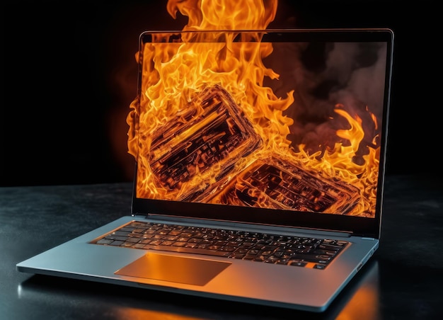 Photo laptop en feu avec des flammes intenses