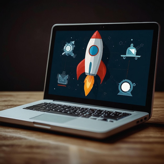 Laptop avec lancement de fusée icône vectorielle de dessin animé illustration technologie d'affaires icône concept isolé premium vecteur plat style de dessin illustré