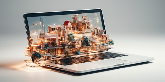 Photo laptop avec des maisons modernes sur lui concept de recherche de logement en ligne agent immobilier loyer marché du logement acheteur de maison technologie immobilière ia générative