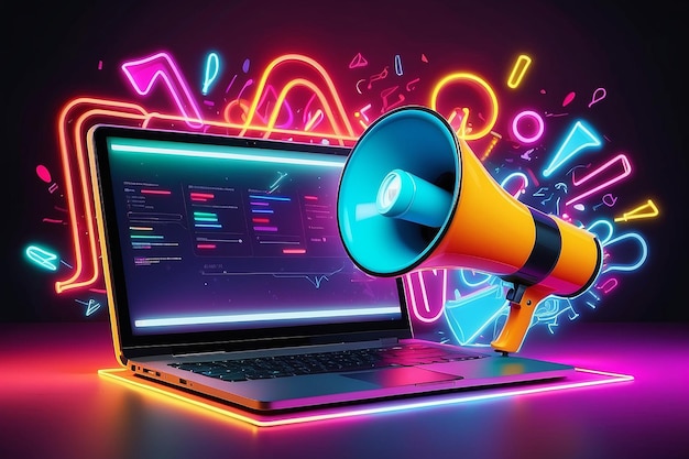 Photo laptop avec mégaphone en arrière-plan avec des néons colorés ventes et marketing