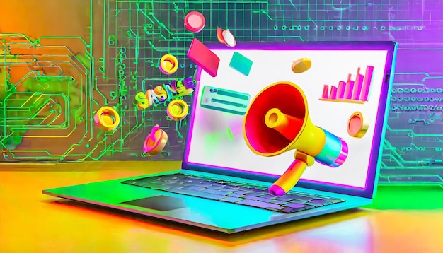 Laptop avec mégaphone en arrière-plan avec des néons colorés ventes et marketing
